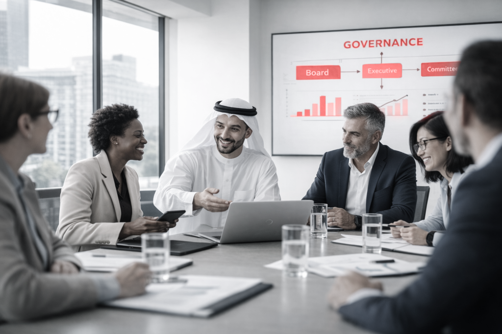 Diverse executive team meeting with Arab business leader and governance strategy chart on screen