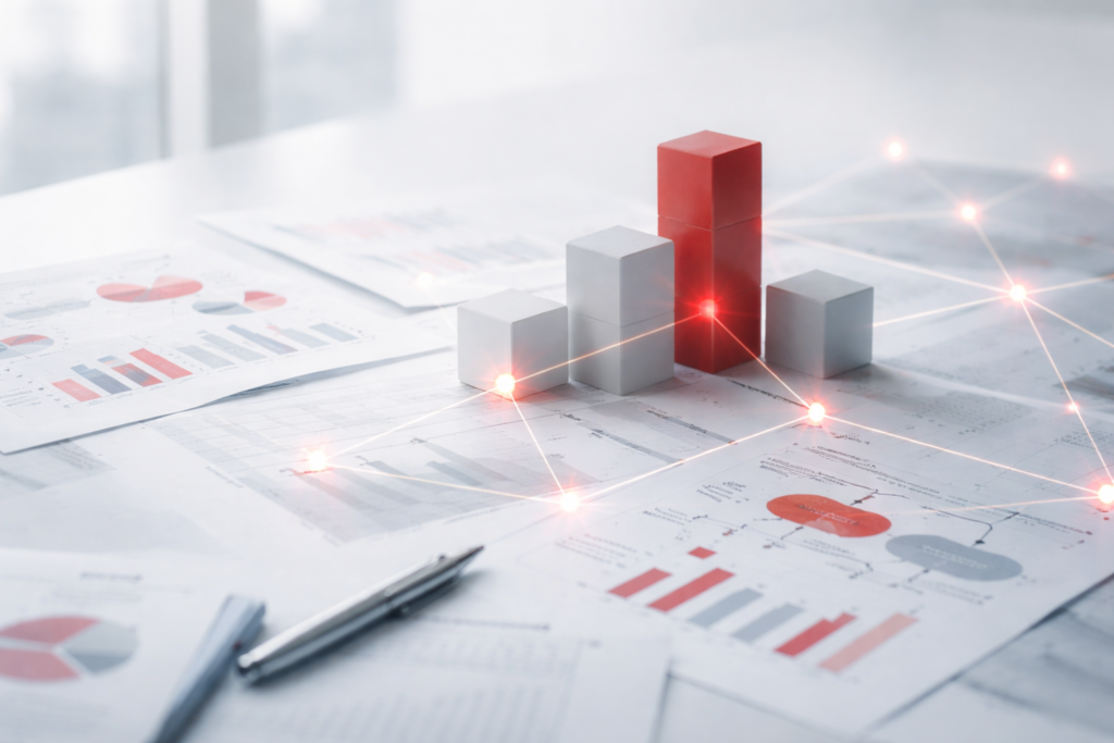 Governance data visualization with red highlighted block and connected performance charts