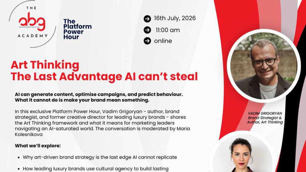 ABG Platform Power Hour promotional graphic for "Art Thinking: The Last Advantage AI Can't Steal" featuring Vadim Grigoryan.