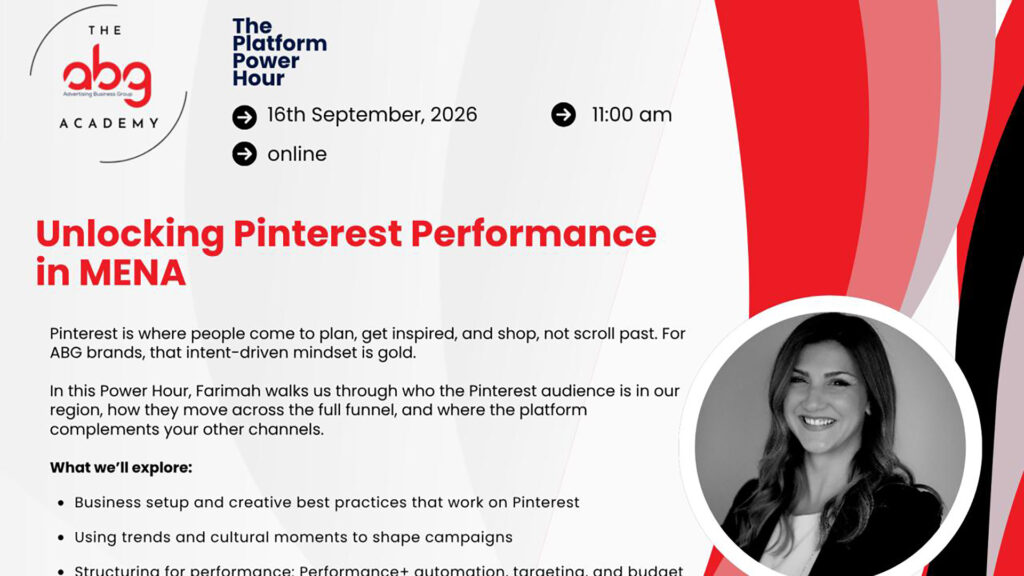 ABG Platform Power Hour promotional graphic for “Unlocking Pinterest Performance in MENA” featuring Farimah Moeini from Pinterest.