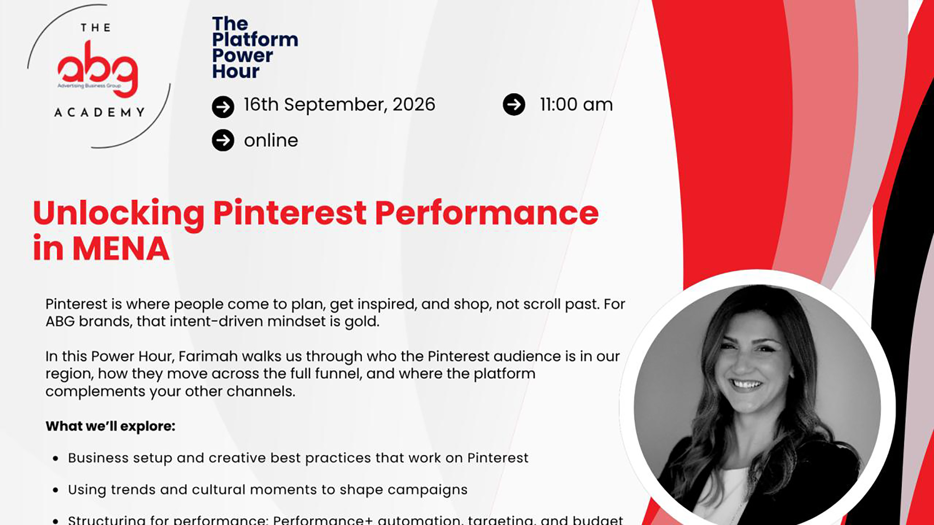 ABG Platform Power Hour promotional graphic for “Unlocking Pinterest Performance in MENA” featuring Farimah Moeini from Pinterest.