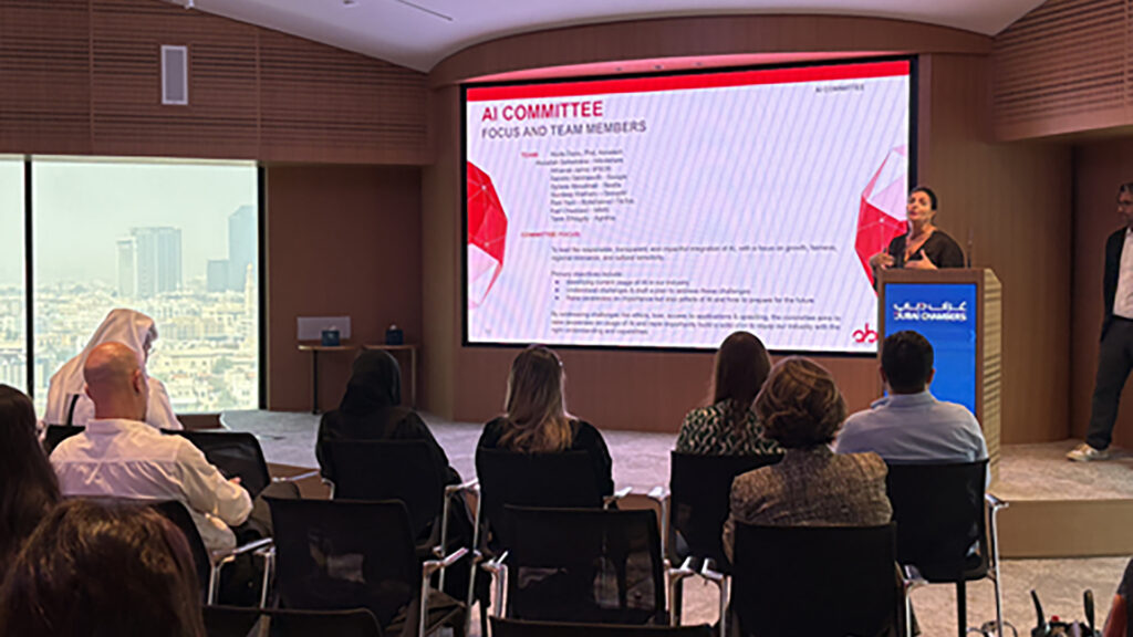 A woman giving a presentation to advertising and marketing leaders in at ABGs open day at the Dubai Chambers in 2025