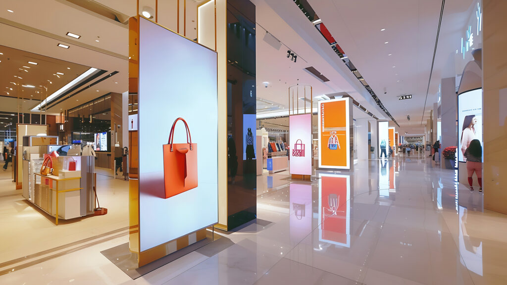 Digital advertising displays inside a modern retail shopping environment