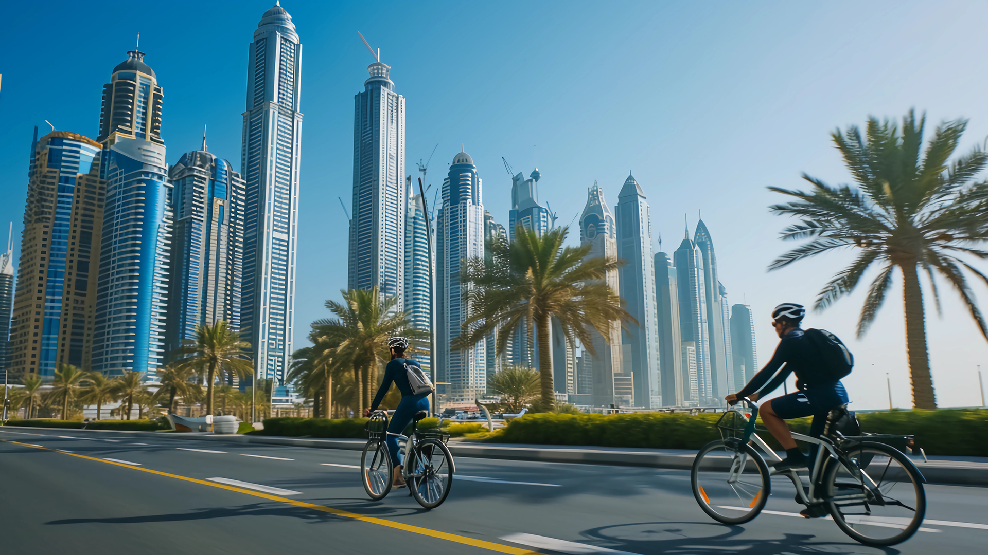 Cyclists riding through Dubai with the city skyline and palm trees in the background